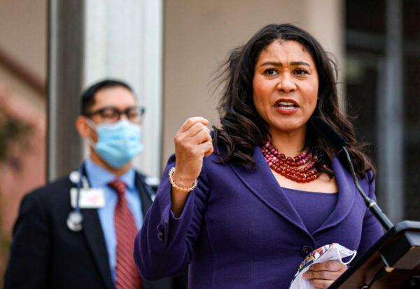 San Francisco Mayor London Breed speaks during a news conference outside of Zuckerberg San Francisco General Hospital in San Francisco on March 17, 2021. (Justin Sullivan/Getty Images)