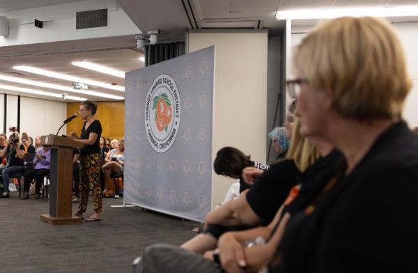 Parents speak at an Orange Unified School District board meeting in Orange, Calif., on Aug. 17, 2023. (John Fredricks/The Epoch Times)