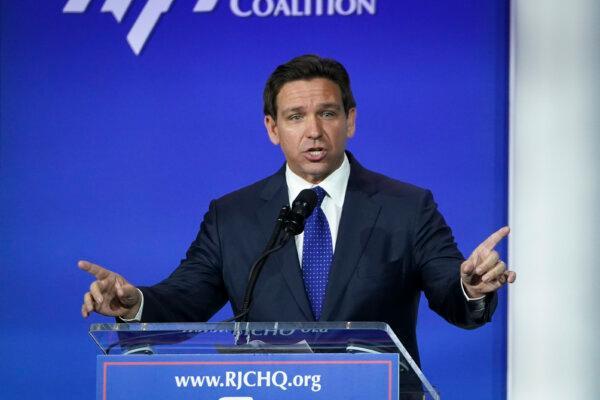 Republican presidential candidate and Florida Gov. Ron DeSantis speaks during the Republican Jewish Coalition in Las Vegas, Nev., on Oct. 28, 2023. (Madalina Vasiliu/The Epoch Times)