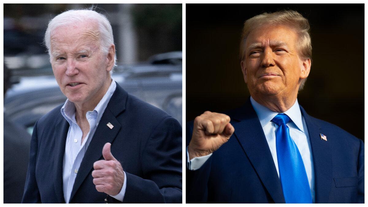 (Left) President Joe Biden gives a thumbs up as he leaves St. Edmond Roman Catholic Church in Rehoboth Beach, Del., on Nov. 4, 2023. (Brendan Smialowski/AFP via Getty Images); (Right) Former President Donald Trump looks on during a campaign rally at Trendsetter Engineering Inc. in Houston, Texas, on Nov. 2, 2023. (Brandon Bell/Getty Images)