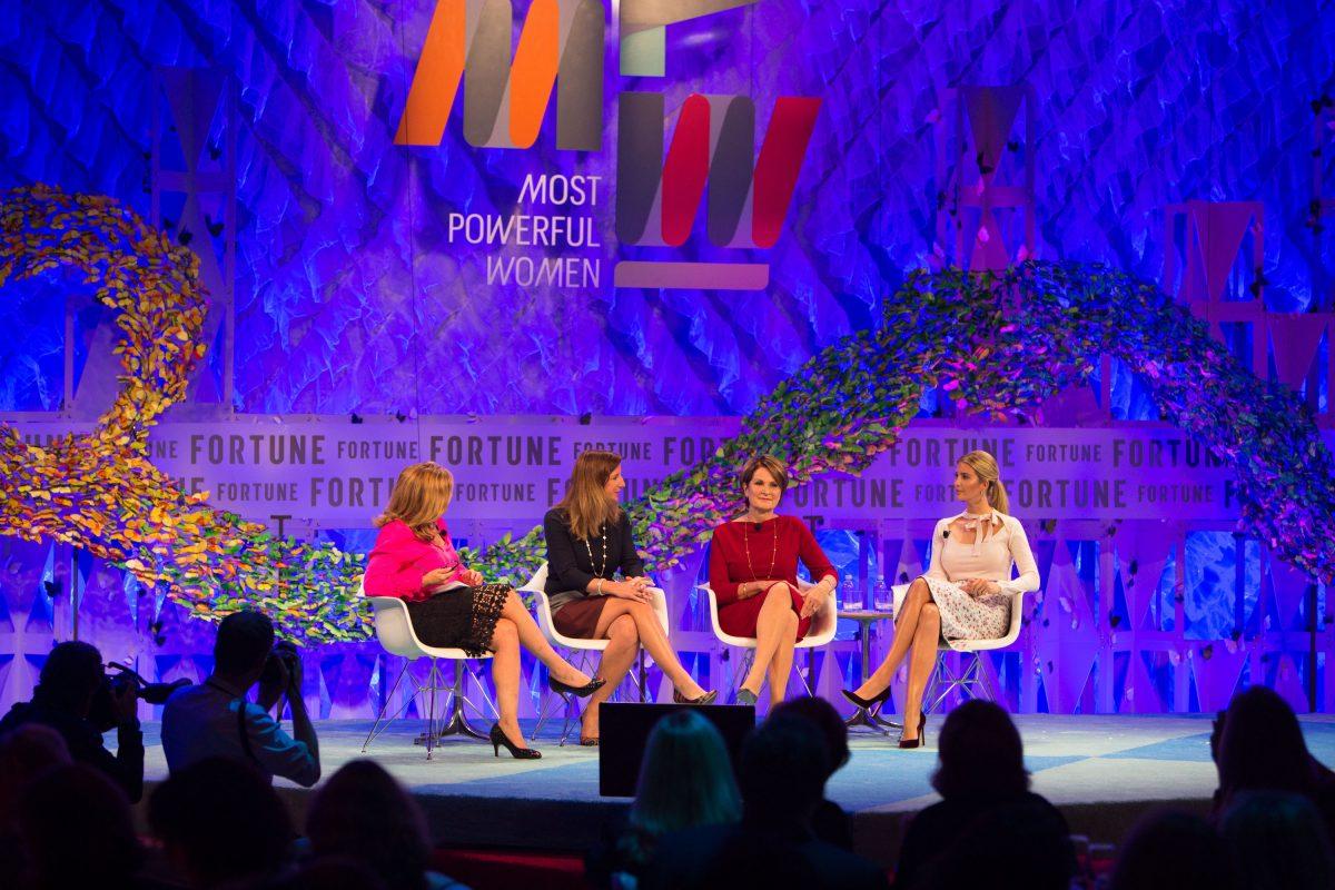 (L-R) Co-Chair of Fortune's Most Powerful Women International Conference Nina Easton, CEO of Deloitte Cathy Engelbert, CEO of Lockheed Martin Marillyn Hewson, and Advisor to the President Ivanka Trump speak onstage at the Fortune Most Powerful Women Summit in Washington on Oct. 9, 2017. (Benjamin Chasteen/The Epoch Times)