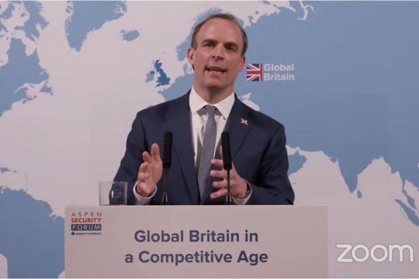 Britain’s then Foreign Secretary Dominic Raab speaks at the Aspen Security Conference on March 17, 2021. (Foreign, Commonwealth & Development Office)