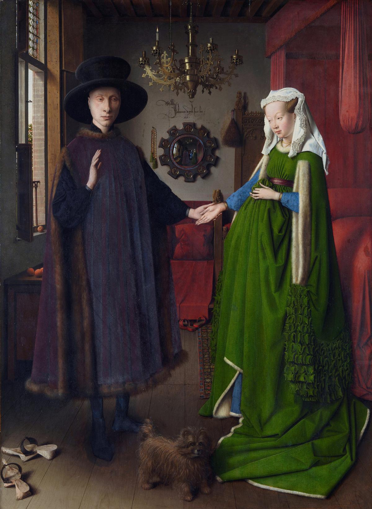 “The Arnolfini Portrait,” 1434, by Jan van Eyck. Oil on oak panel of 3 vertical boards; 32.4 inches by 23.6 inches. National Gallery, London. (Public Domain)