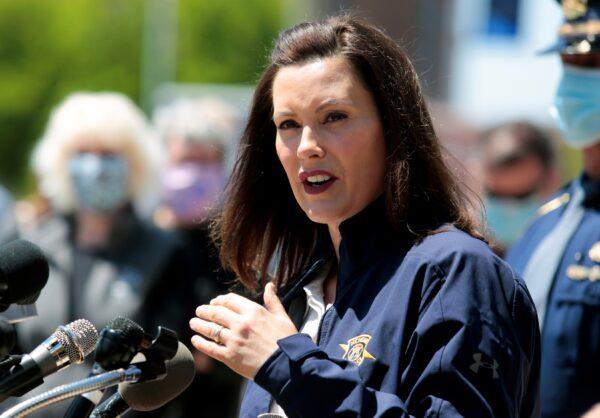 Michigan Gov. Gretchen Whitmer speaks to reporters in Midland, Mich., on May 20, 2020. (Rebecca Cook/Reuters)