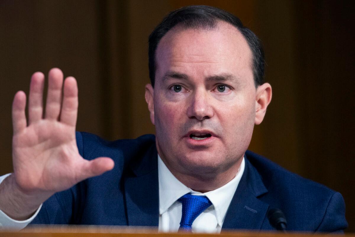 Sen. Mike Lee (R-Utah) questions Supreme Court justice nominee Amy Coney Barrett on the second day of her Senate Judiciary Committee confirmation hearing in Washington on Oct. 13, 2020. (Tom Williams/Getty Images)
