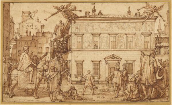 “Taddeo Decorating the Façade of the Palazzo Mattei,” circa 1595, by Federico Zuccaro. Pen and brown ink, and brush with brown wash over black chalk and touches of red chalk; 9 13/16 inches by 16 5/8 inches. Getty Museum. (Getty Museum)