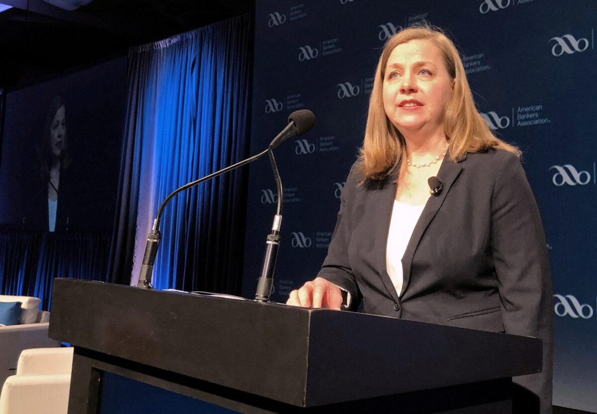 Federal Reserve Gov. Michelle Bowman gives her first public remarks as a Fed policymaker at an American Bankers Association conference in San Diego on Feb. 11, 2019. (Ann Saphir/Reuters)