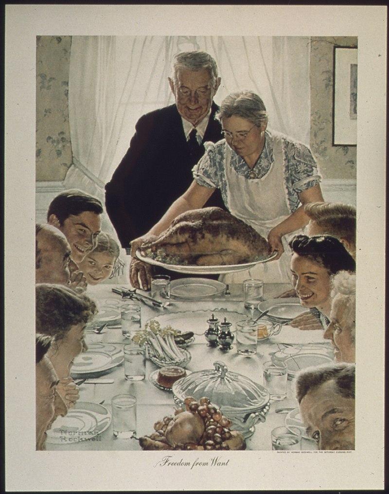 "Freedom From Want," 1943, by Norman Rockwell which shows a family sitting down to a holiday meal. National Archives. (Public Domain)