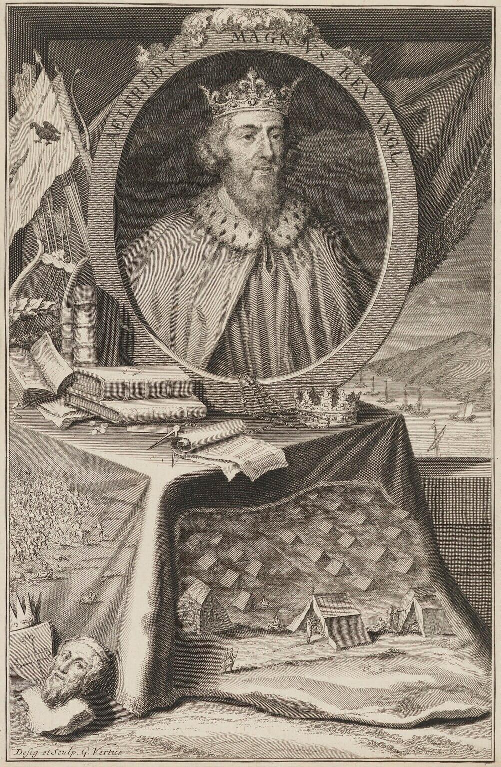 An engraving of Alfred the Great, 1732, by George Vertue for Nicolas Tindal's translation of "Rapin's History of England." Around the portrait are books and documents—symbols of Alfred's literary and legislative works. National Portrait Gallery, London. (Public Domain)