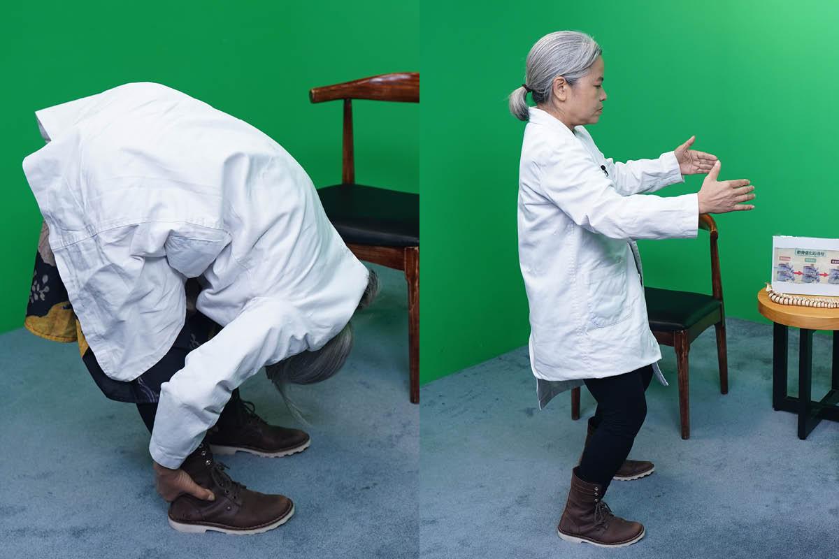  Traditional medicine practitioner Dr. Yuen Oi-lin demonstrates stretching (L) and Zama step (R). (Photo by Production Team of 100 Ways to Heal Your Body)