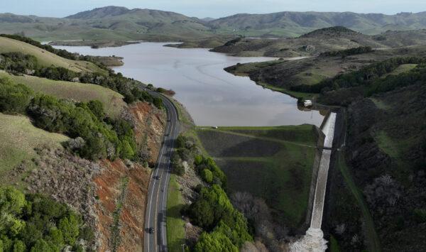 The Nicasio Reservoir after a series of atmospheric river events drenched Northern California in Nicasio, Calif., on Jan. 12, 2023. (Justin Sullivan/Getty Images)