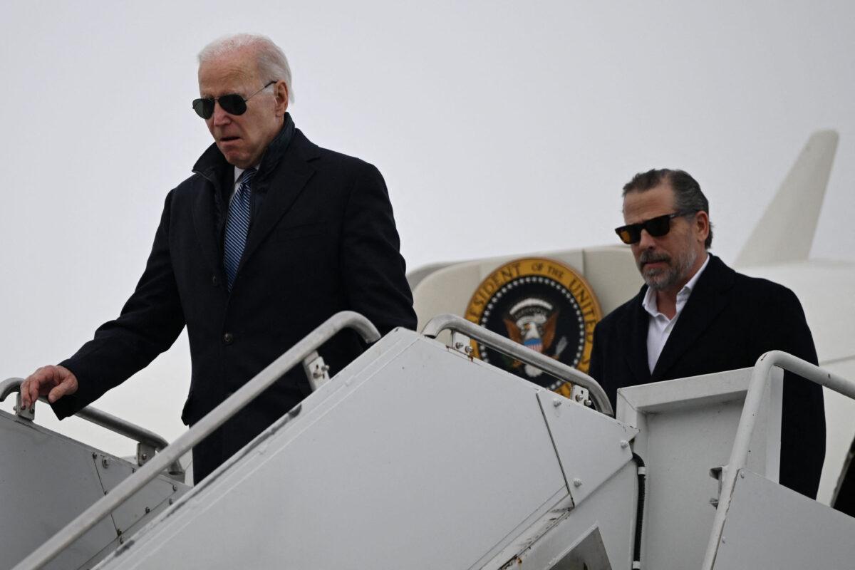 President Joe Biden with son Hunter Biden arrives at Hancock Field Air National Guard Base in Syracuse, N.Y., on Feb. 4, 2023. (Andrew Caballero-Reynolds/AFP via Getty Images)