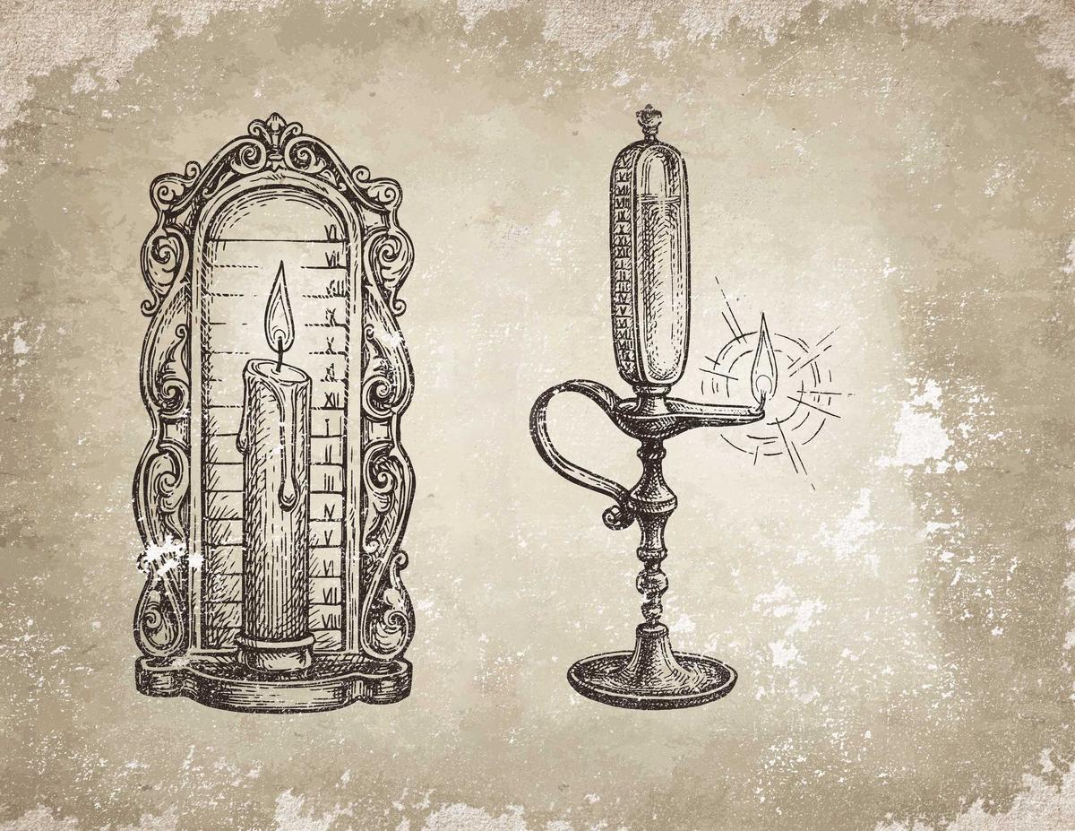 An illustration of candle and oil lamp clocks. (Nata_Alhontess/Lukasz Szwaj/Shutterstock)