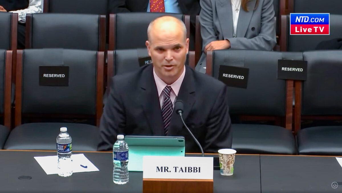 Journalist Matt Taibbi testifies at the Select Subcommittee on the Weaponization of the Federal Government hearing on “The Twitter Files” in Washington on March 9, 2023, in a still from video. (House Judiciary Committee/Screenshot via NTD)