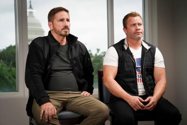  Jim Caviezel (L), actor in the human trafficking action film "Sound of Freedom,” and Tim Ballard, a former Department of Homeland Security special agent and founder of Operation Underground Railroad, speak during an interview in Washington on June 21, 2023. (Madalina Vasiliu/The Epoch Times)