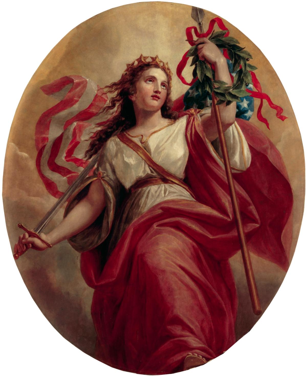  “Liberty” by Constantino Brumidi is mounted on the ceiling of the White House entrance hall. White House Historical Association. (Public Domain)