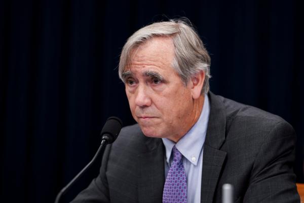 Sen. Jeff Merkley (D-Ore.) speaks during a hearing about “Corporate Complicity: Subsidizing the PRC’s Human Rights Violations” in Washington on July 11, 2023. (Madalina Vasiliu/The Epoch Times)