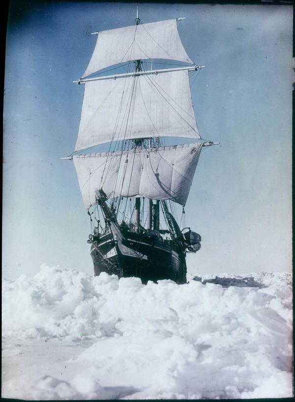  Endurance under sail trying to break through pack ice, Weddell Sea, Antarctica, 1915, by Frank Hurley, from original Paget Plate, 1914–1915, State Library New South Wales. (Public Domain)