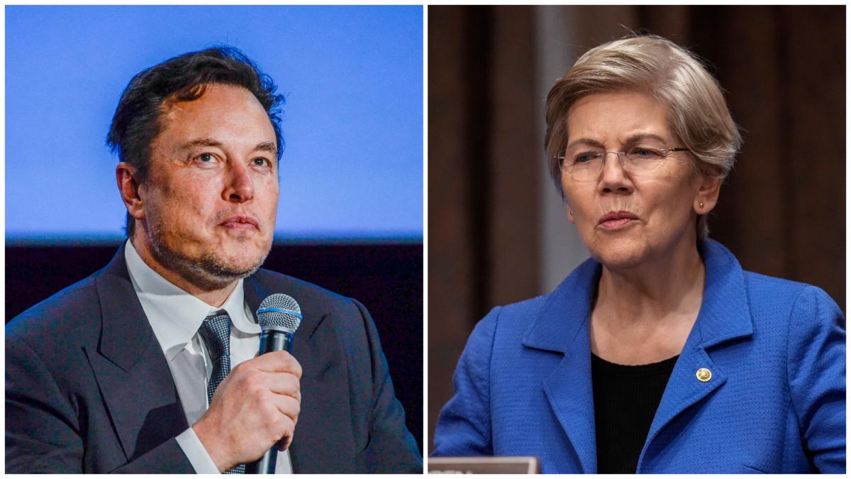 (Left) Tesla CEO Elon Musk looks up as he addresses guests at the Offshore Northern Seas 2022 (ONS) meeting in Stavanger, Norway, on Aug. 29, 2022. (Carina Johansen/NTB/AFP via Getty Images), (Right) Sen. Elizabeth Warren (D-Mass.) speaks to a staff member before the start of a Senate Banking Committee hearing on oversight of credit reporting agencies on Capitol Hill in Washington on April 27, 2023. (Drew Angerer/Getty Images)