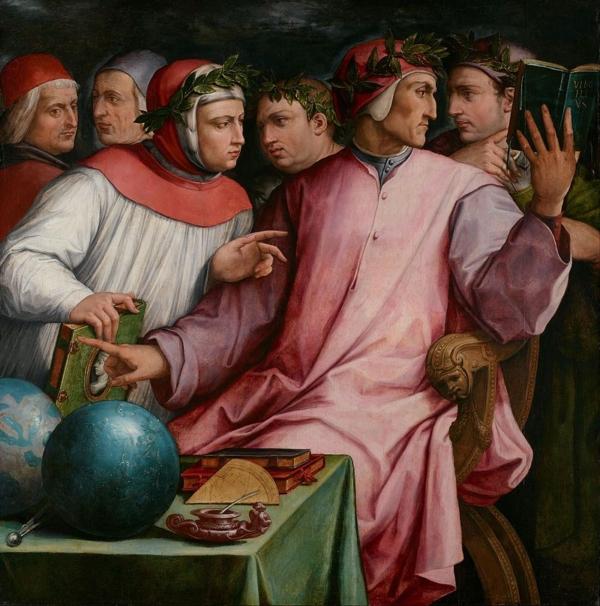  "Six Tuscan Poets" (L–R) Cristoforo Landino, Marsilio Ficino, Francesco Petrarca, Giovanni Boccaccio, Dante Alighieri, and Guido Cavalcanti, circa 1544, by Giorgio Vasari. (Public Domain)