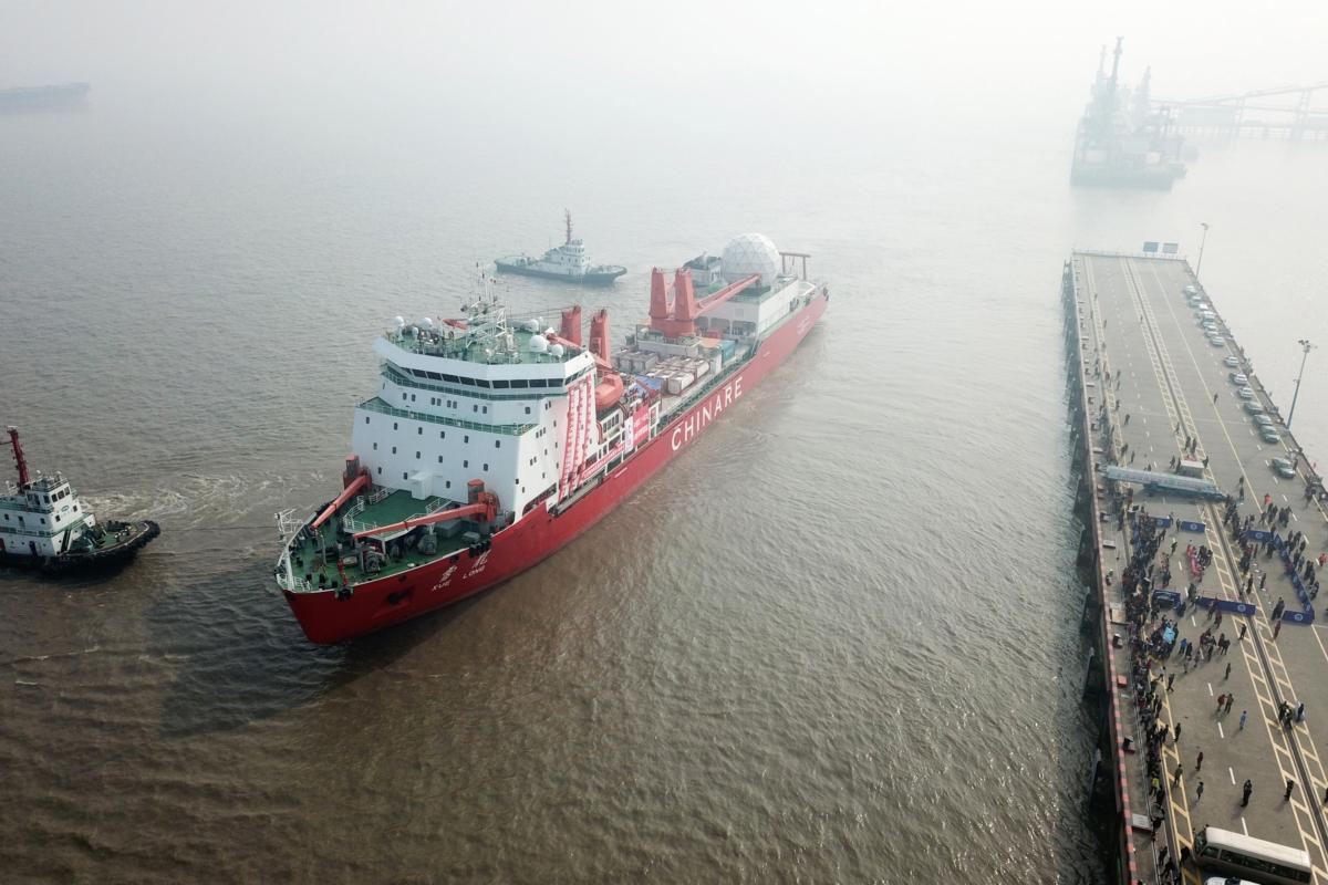 Chinese ice-breaker Xuelong, or “Snow Dragon,” sets off from a port in Shanghai on Nov. 8, 2017. Xuelong steamed south from Shanghai on Nov. 8, 2017, bound for Antarctica to establish China's newest base as Beijing strives to become a polar power. (STR/AFP via Getty Images)
