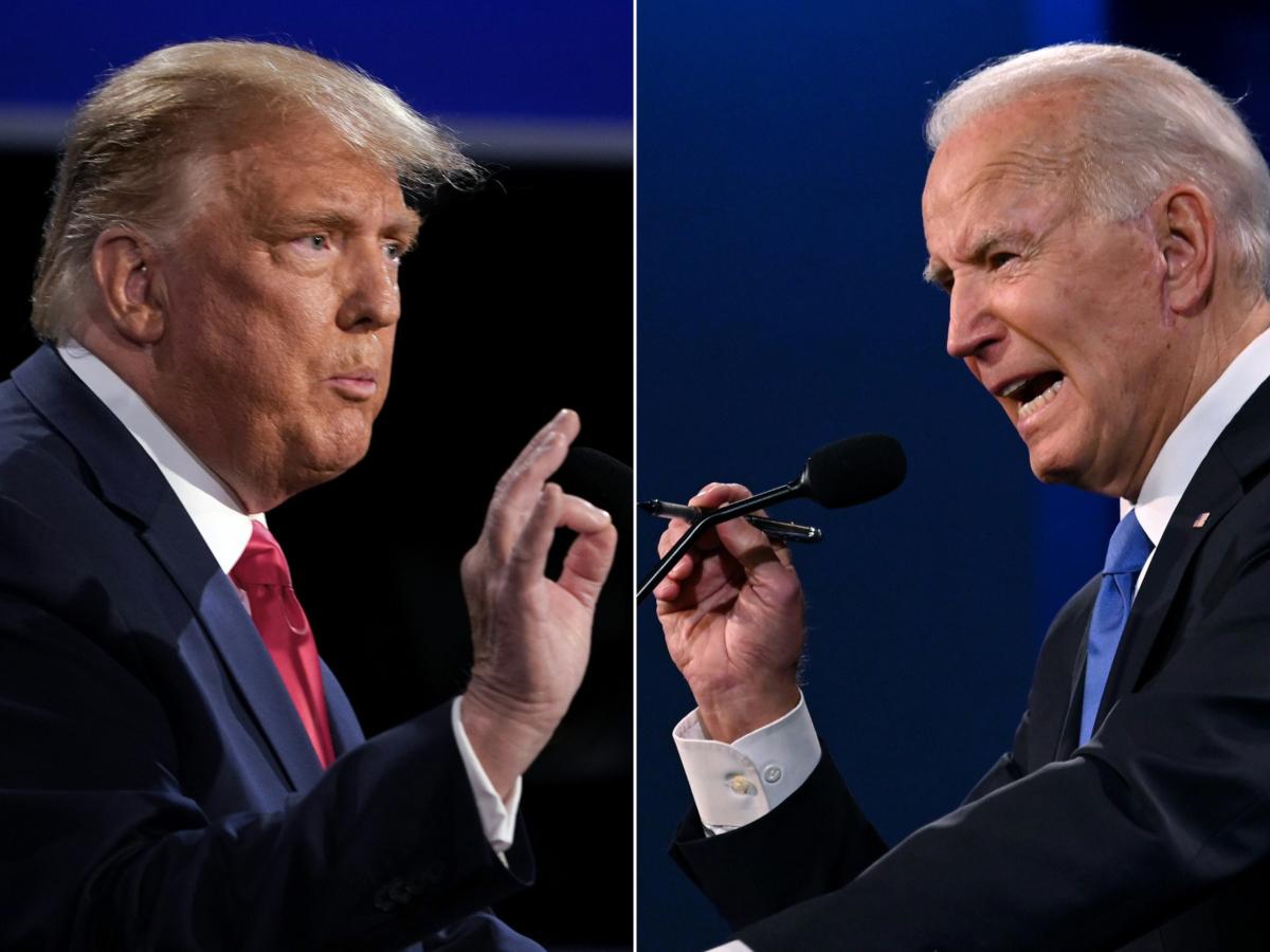 This combination of pictures created on October 22, 2020 shows President Donald Trump, left, and Democratic presidential candidate Joe Biden during the final presidential debate at Belmont University in Nashville, Tenn., on Oct. 22, 2020. (Brendan Smialowski and Jim Watson/AFP via Getty Images)