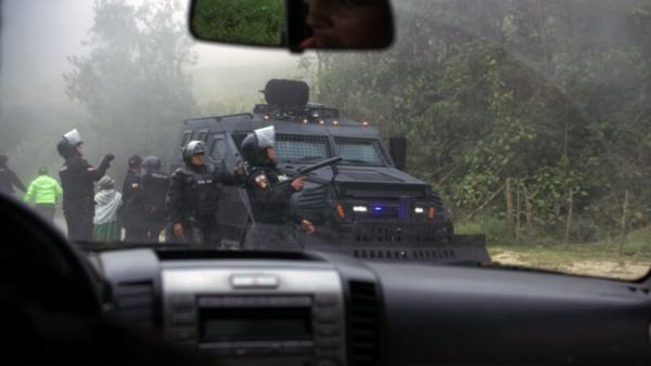  A confrontation with the Ecuadorian military in "This Stolen Country of Mine." (OVID)