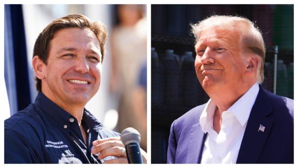  (Left) Republican presidential candidate and Florida Gov. Ron DeSantis speaks at the Iowa State Fair in Des Moines, Iowa, on Aug. 12, 2023. (Right) Former President Donald Trump arrives at the Iowa State Fair in Des Moines, Iowa, on Aug. 12, 2023. (Madalina Vasiliu/The Epoch Times)