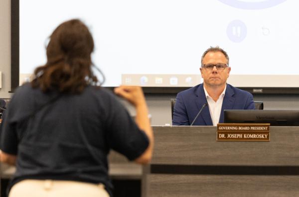 Temecula Valley Unified School District Board President Joseph Komrosky listens to a speaker during public comment session at a board meeting in Temecula, Calif., on Aug. 22, 2023. (John Fredricks/The Epoch Times)