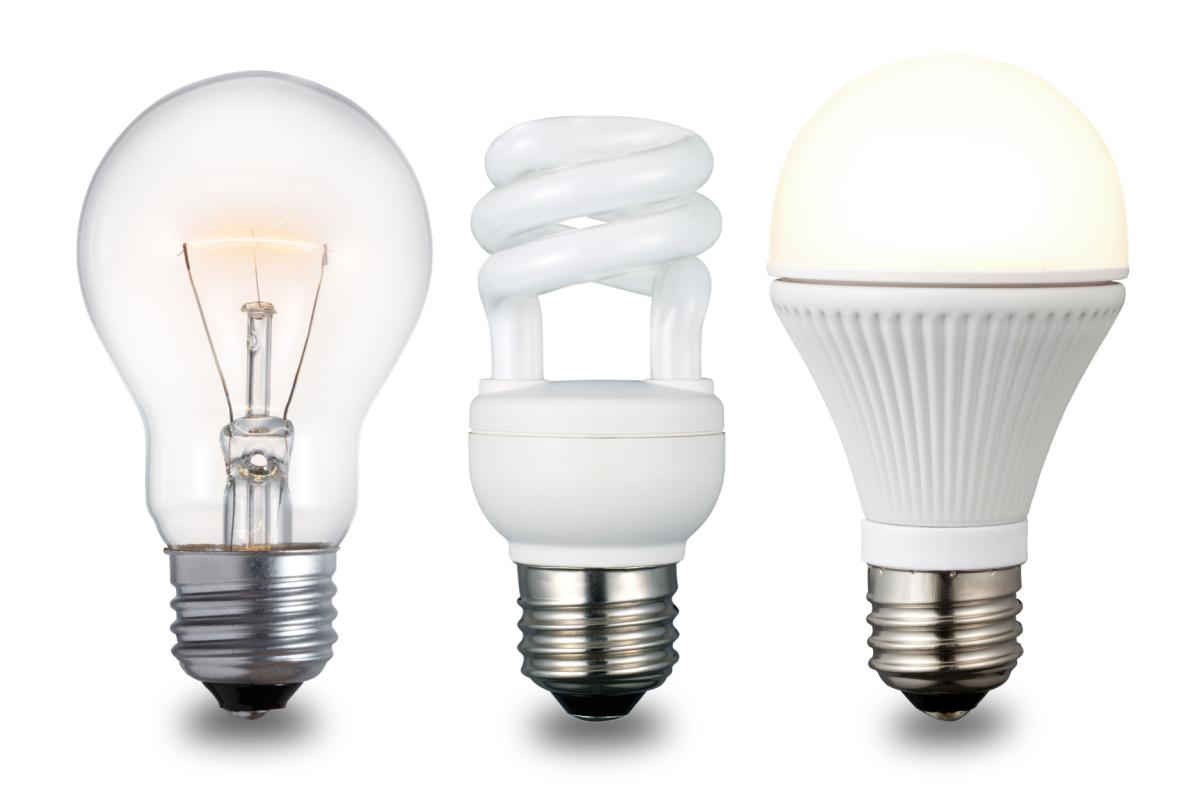  Incandescent light bulb (left), fluorescent light bulb (center), and LED light bulb.(sumire8/Shutterstock)