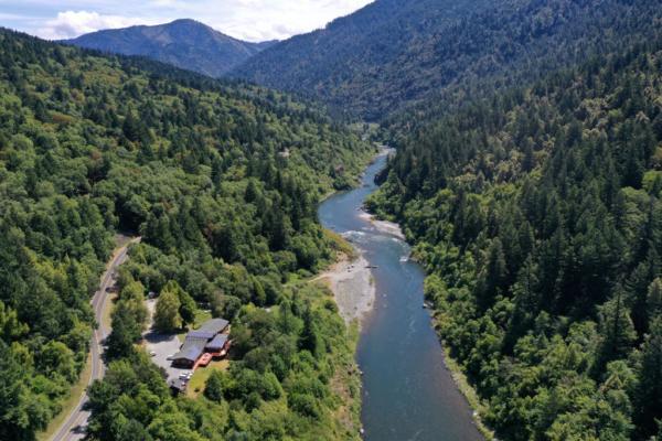In an aerial view, the Klamath River flows by the Yurok Tribe tribal headquarters in Weitchpec, Calif., on June 9, 2021. (Justin Sullivan/Getty Images)