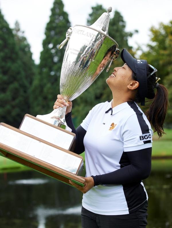  Chanettee Wannasaen, of Thailand, holds the trophy after winning the LPGA Portland Classic golf tournament in Portland, Ore., on Sept. 3, 2023. (Craig Mitchelldyer/AP Photo)