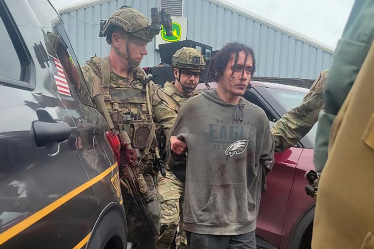  Escaped fugitive Danelo Cavalcante, 34, a Brazilian who escaped from Chester County Prison, is taken into custody by law enforcement officers in Chester County, Pa., on Sept. 13, 2023. (Pennsylvania State Police/Handout via Reuters)