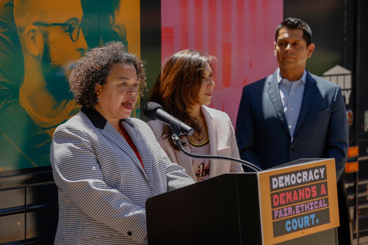 California Assemblywoman Mia Bonta speaks at a "Just Majority" nationwide bus tour press conference to call for reforms to the U.S. Supreme Court in Sacramento, Calif., on May 16, 2023. (Kimberly White/Getty Images for Demand Justice)