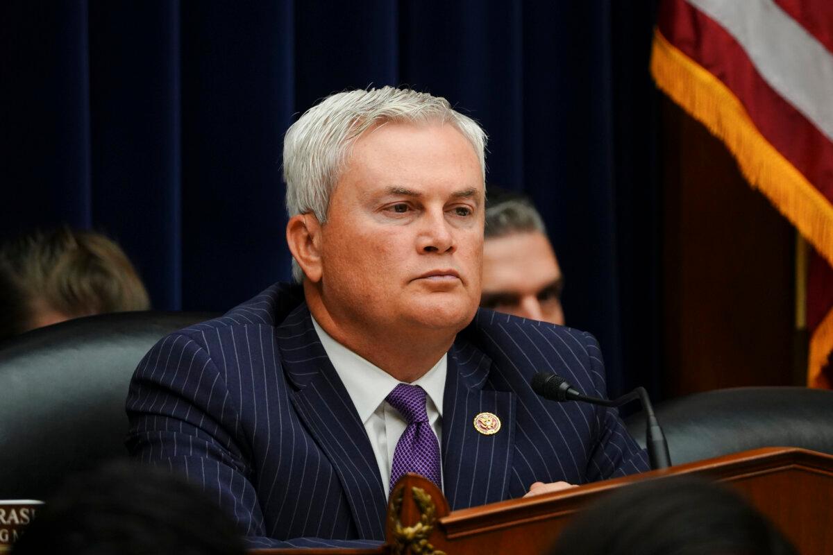 Rep. James Comer (R-Ky.), chairman of the House Oversight Committee, listens during a hearing for an impeachment inquiry into President Joe Biden in Washington on Sept. 28, 2023. (Madalina Vasiliu/The Epoch Times)