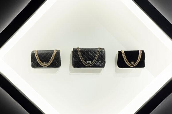Chanel made the 2.55 bag between 1955 and 1971. Quilted leather and metal-chain straps. (David Parry/V&A)