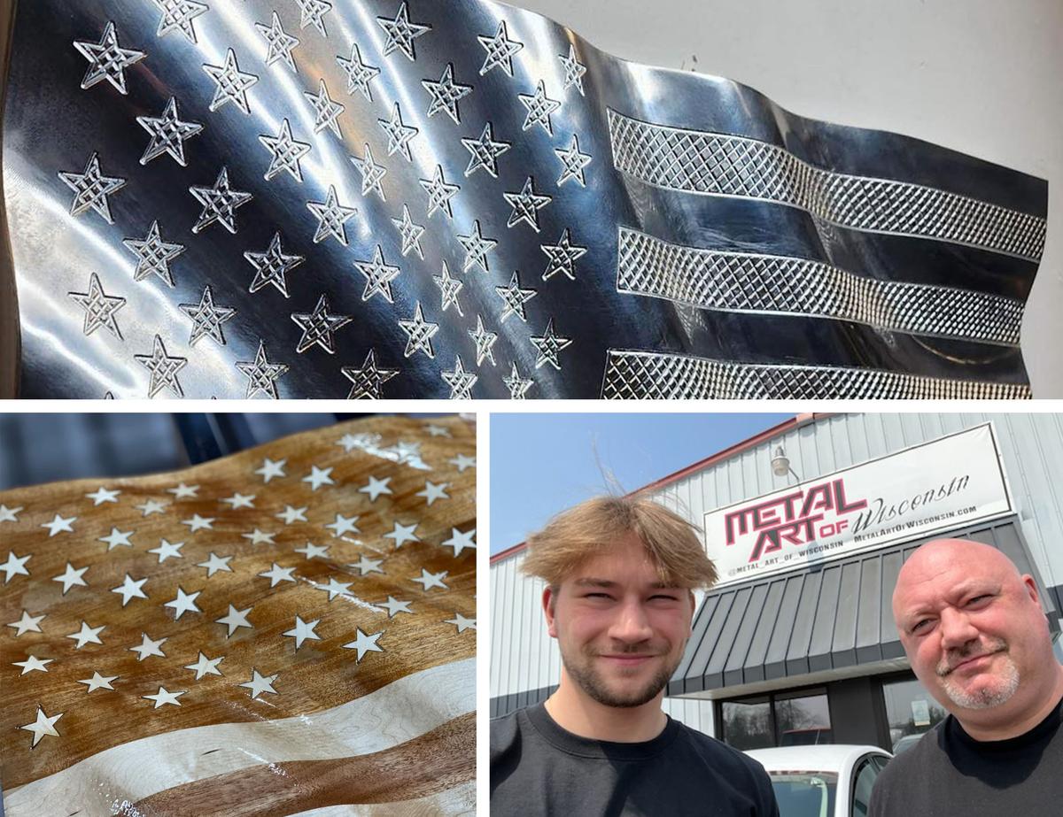 (Top) A stainless steel American flag; (Bottom Left) A wooden butcher block American flag; (Bottom Right) Justice Henderson (L), 20, and his father, Shane Henderson, 47. (Courtesy of Shane Henderson)