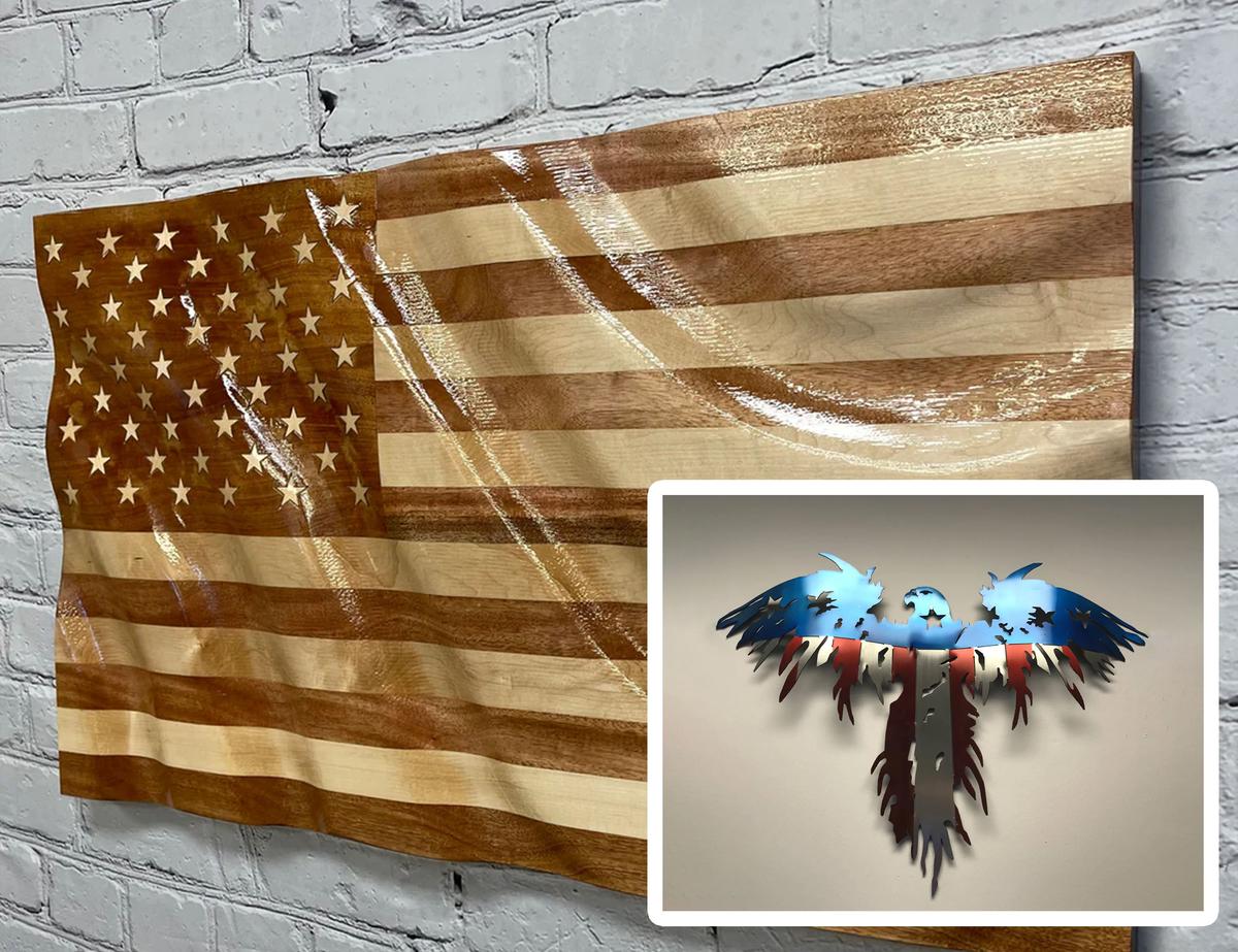 A wooden butcher block American flag on the wall; (inset) a metal American flag eagle design. (Courtesy of Shane Henderson)