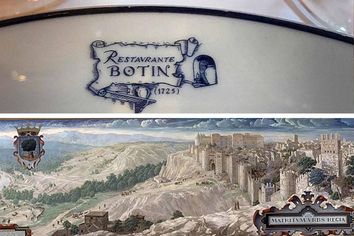A plate with Botín's emblem and a painting that decorates the wall of the restaurant. (Above: Den C/CC BY 2.0; Below: public domain)