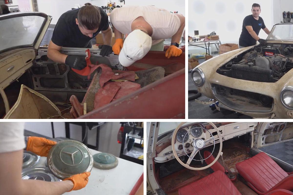 The detailers behind the YouTube channel <a href="https://www.youtube.com/@WDDetailing">WD Detailing</a> begin working on the rare 1955 Mercedes 190SL. (Courtesy of WD Detailing)
