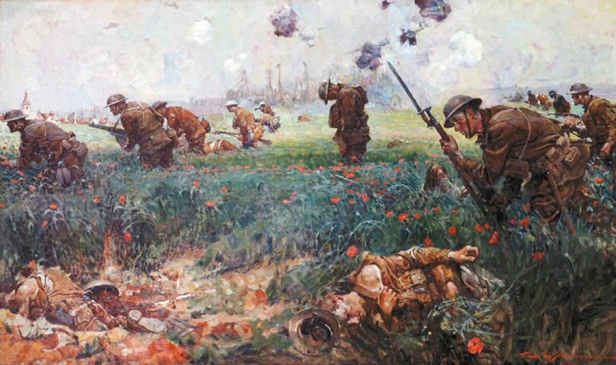 Marciano’s father, Pierino Marchegiano, was one of the first Italian Americans in Brockton to enlist as a Marine in World War I—the heaviest fighting the American soldiers would experience. A painting of the Battle of Belleau Wood titled “Wheat Field Charge” (also known as “How Twenty Marines Took Bouresches”) by Frank Schoonover, 1919. (Public Domain)