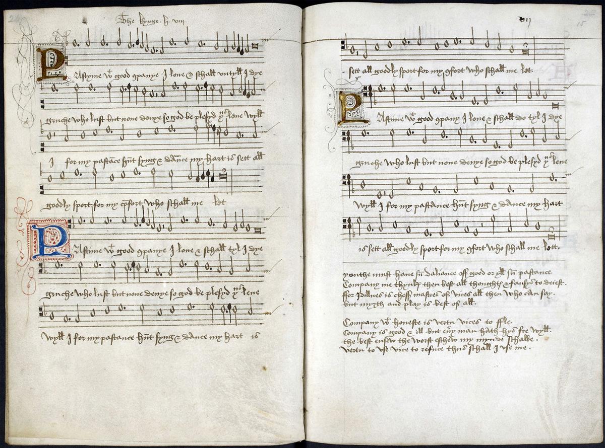 The famous song, "Pastime With Good Company," written by King Henry VIII circa 15<a href="https://imslp.org/wiki/Pastime_with_Good_Company_(Henry_VIII)" target="_blank" rel="noopener">09</a>, was part of the "Henry VIII Songbook," 1518. The British Library, London. (Public Domain)