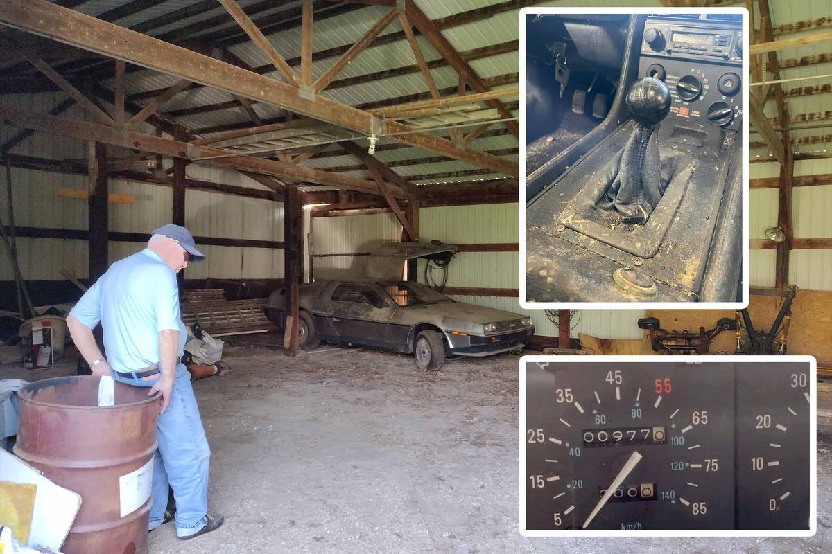 Dick stands in the barn with his former DeLorean; (Insets) The DeLorean's gear shifter and the odometer, which has clocked 977 miles. (Courtesy of Michael McElhattan)