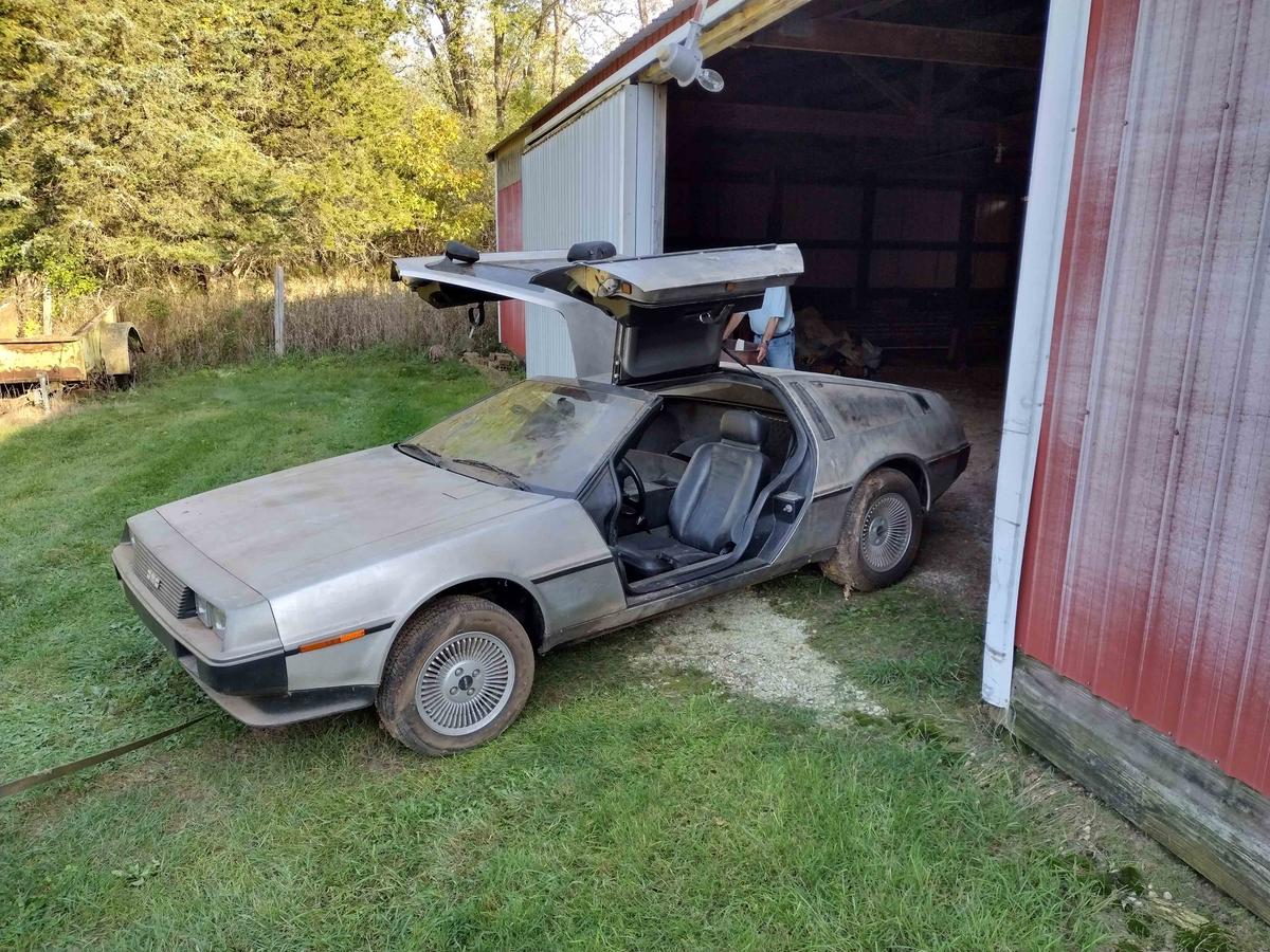 The DeLorean barn find exhibits its gullwing doors. (Courtesy of Michael McElhattan)