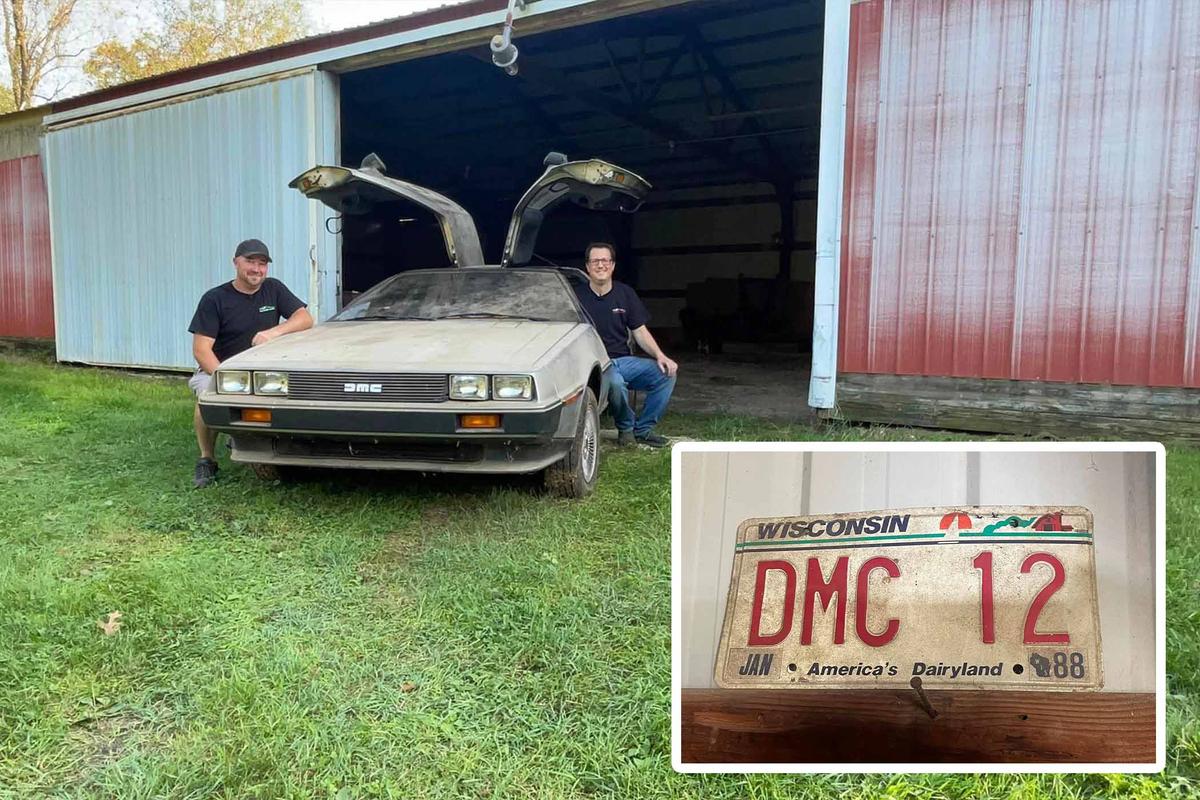 Mr. McElhattan and Mr. Thomas sit in the DeLorean barn find in early October; (Inset) The DeLorean's original license plate. (Courtesy of Michael McElhattan)