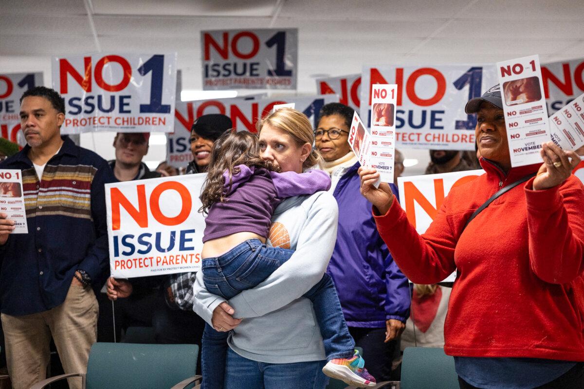 Canvassers hold pro-life signs at Columbus Christian Center ahead of Election Day during a pro-life canvasing meeting in Columbus, Ohio, on Nov. 4, 2023. (Megan Jelinger/AFP via Getty Images)
