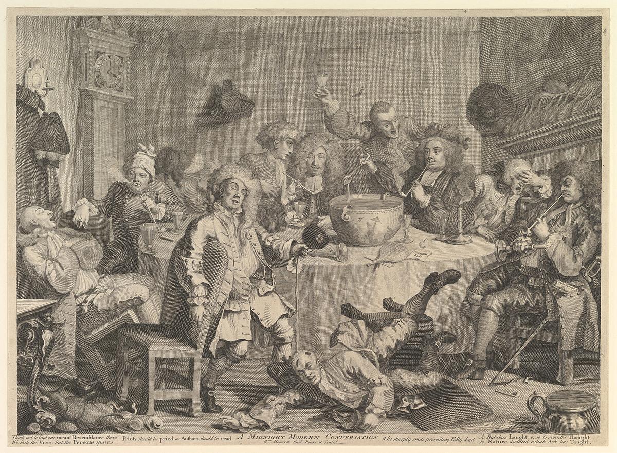  An illustration of men "stewed to the gills" in "A Midnight Modern Conversation," 1733, by William Hogarth. The Metropolitan Museum of Art, New York. (Public Domain)