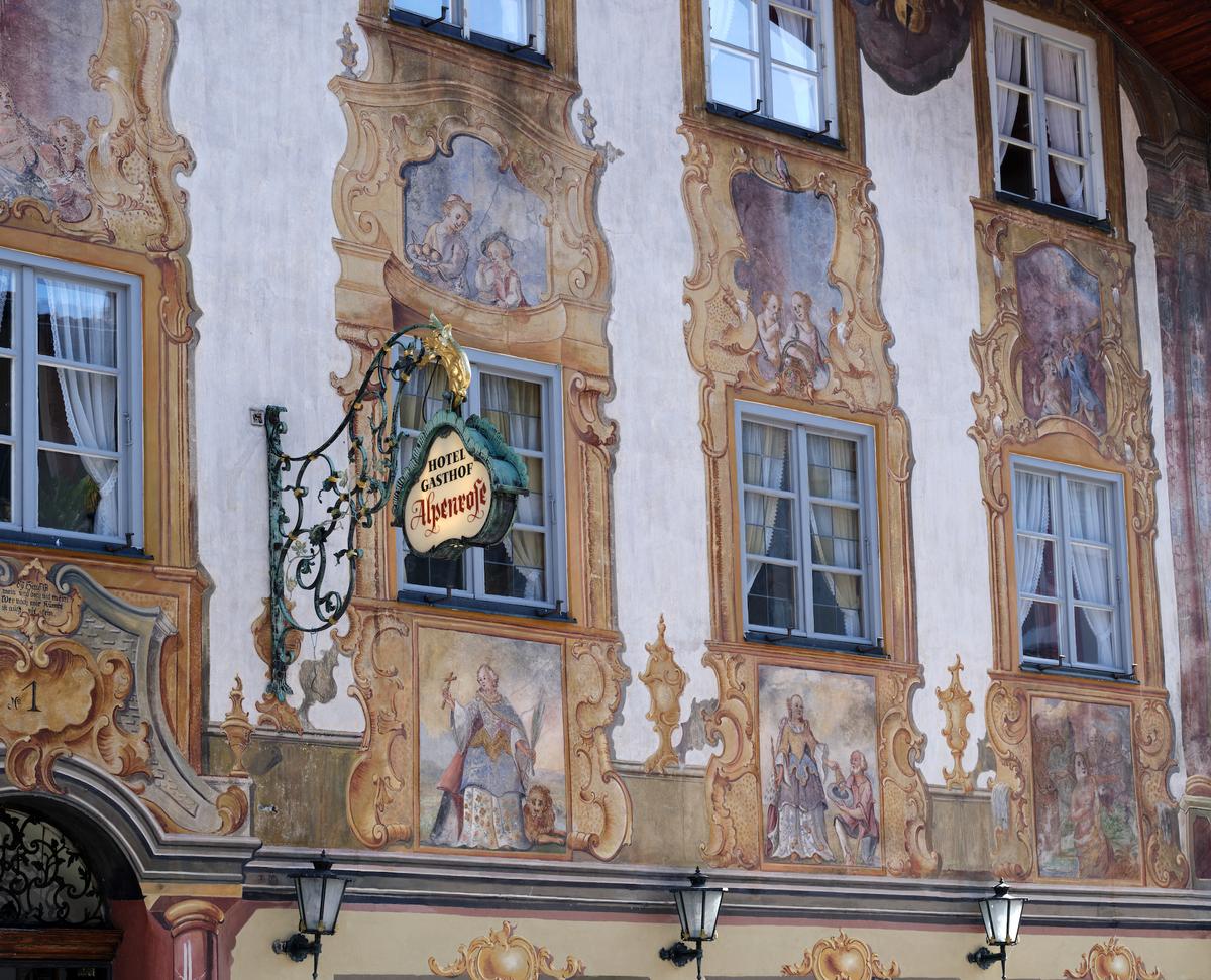  Hotel Alpenrose is decorated with Trompe-l’œil fresco paintings in Mittenwald, Germany. (Courtesy of Burkhard Luther via <a href="https://www.alpenwelt-karwendel.de/en/mittenwald-bavaria">Alpenwelt Karwendel</a>)