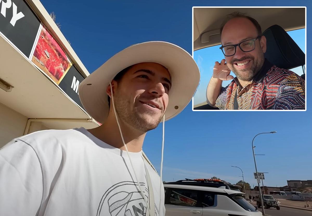 Mr. Morris meets up with Michael Edgecomb outside the IGA in Coober Pedy; (Inset) Mr. Edgecomb cracks a joke during a drive through town. (Courtesy of Ben Morris YouTube Channel)