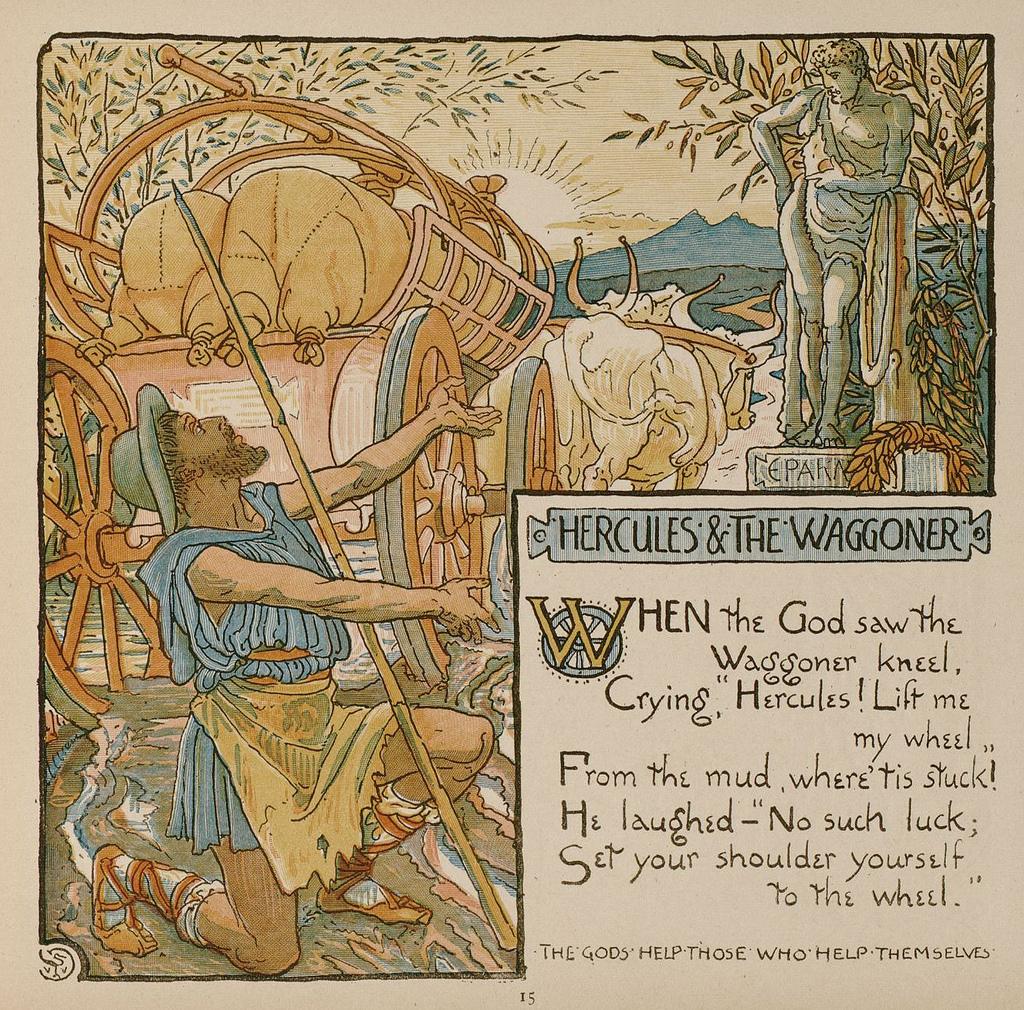 An illustration of the fable of Hercules and the Wagoner by Walter Crane in the limerick collection Baby's Own Aesop (1887). (Baby's Own Aesop/CC BY-SA 2.0 DEED)